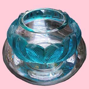 Lalique Cyrus Large Turquoise Frosted Crystal Glass Coupe Bowl Centerpiece
